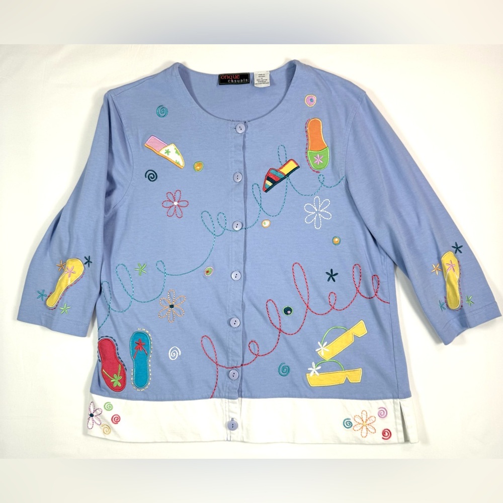 VINTAGE ONQUE CASUALS Womens Flip Flop Embroidered Cardigan M Y2K Resort Novelty